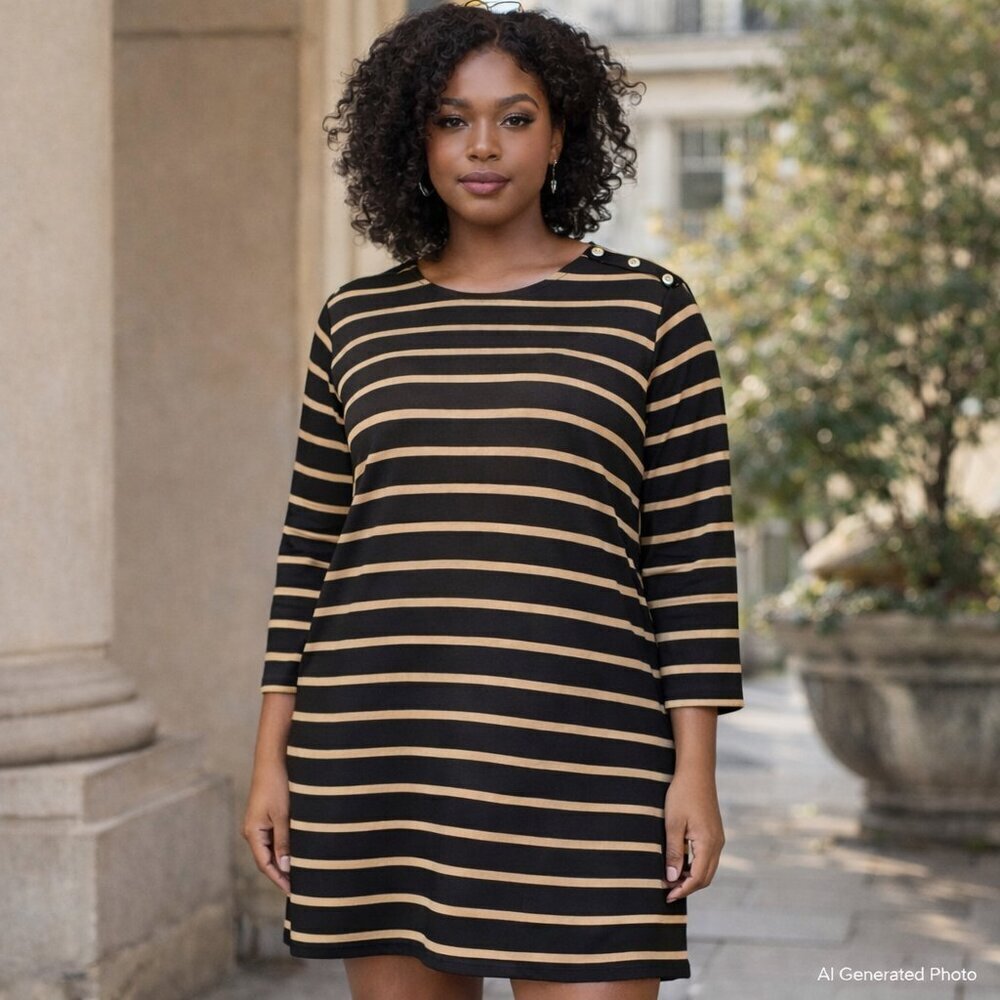 J.Crew Striped Button Shoulder Shift Mini Casual Dress Medium Black Tan NWT